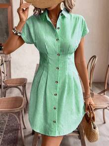 Women Elegant Striped Short Sleeve A-Line Shirt Dress, High Waist Button Casual Summer Office Dress, Light Color, Comfortable Polyester Fabric, French Style, Casual Shirt Dress, High Waist, Office Dress, Elegant Style, Four Seasons Solid Color Striped Casual Button Fabric With Pleated Decoration
