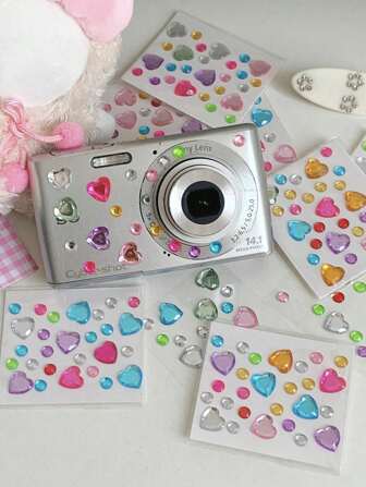 5 pièces d'autocollants en forme de cœur multicolores "style Ins" en acrylique pailleté de couleurs aléatoires pour la décoration de cahiers, albums photos, appareils photo, téléphones. Fournitures scolaires, rentrée des classes