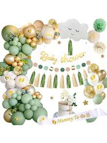 50pcs Baby Shower Balloon Set, Baby Shower Decoration Supplies Including Matte White Balloons, "Oh Baby" Print Balloons, Gold Metallic Balloons, Gold Glitter Balloons, Heart Balloons, 3pcs Paper Flowers, Gold "Baby Shower" Banner, Paper Tassels, Mommy-To-Be Sash, "Oh Baby" Cake Toppers - Green - View 2