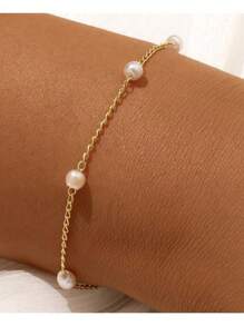 1 Pulsera de cobre con cadena y perlas, pulsera multicapa que se puede usar como tobillera, estilo femenino, pulsera de perlas multifuncional única y elegante, joyería para parejas