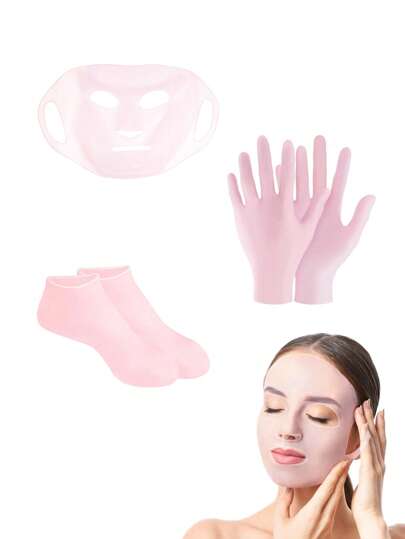 3 pièces Ensemble de gants hydratants, chaussettes et masque, Masque facial réutilisable liftant et raffermissant avec fixation pour les oreilles, Chaussettes de spa en gel de silicone pour peau sèche, Chaussettes de gel de silicone antidérapantes pour adoucir les pieds, Écologique pour les voyages, Sans parfum, Sans pile