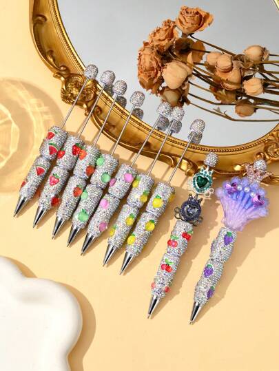 1/3/5/10pcs Multi-Color Luxury Fruit Crystal Beads Pen Refill, Black Ink, Smooth Writing, Full Covered Rhinestone Ballpoint Pen, Creative DIY Jewelry Pen, School/Office/Study Supplies, Gift