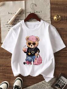 Valentine's Day Casual Printed Round Neck Short Sleeve T-Shirt, Tote Bag And Teddy Bear Pattern Inspire Imagination And Self-Expression, Summer Student And Children Clothing - White - View 6