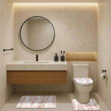 1/4 Piezas Juego de baño con Estampado de Flores de Cerezo que incluye Cortina de Baño, Alfombra de Baño, Alfombra en Forma de U para Inodoro, Cubierta para Tapa de Inodoro, Cortina de Ducha Impermeable, Cortina de Moda, Cortina Divisoria de Baño Moderna, Sin Necesidad de Perforar, Poliéster, Lavable a Máquina