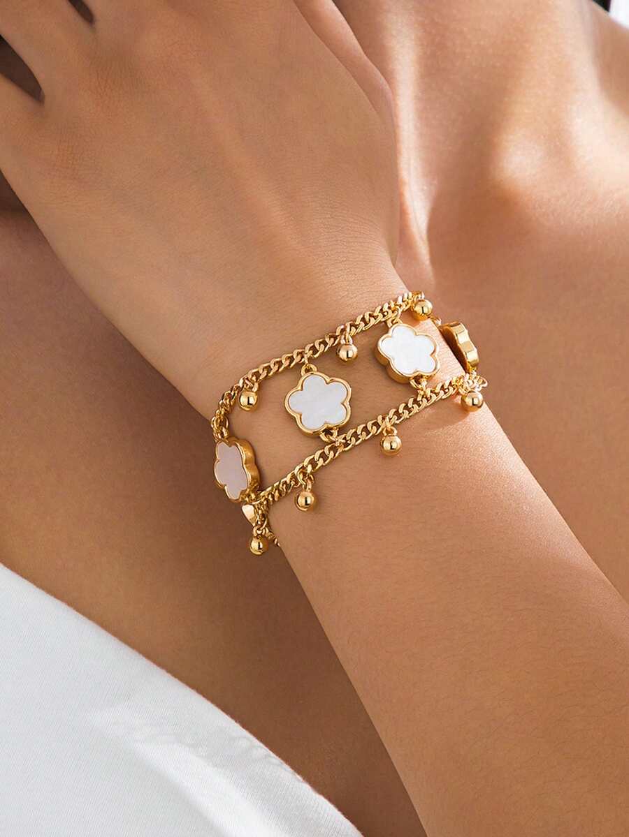 1pc Stylish Fashion Clover Double-Layer Line Design Women's Bracelet, Romantic Dating Gift (Exclude Gift Box) - White - View 1