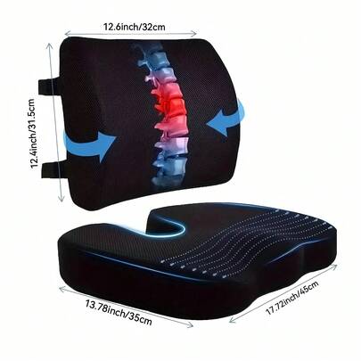 符合人体工程学的座垫和腰部支撑枕，适用于办公椅、汽车和轮椅 - 适用于下背部和尾骨，配有可洗涤纶套 - 黑色，轮椅座垫椅垫办公室装饰房间装饰椅枕靠垫游戏椅