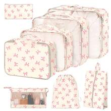 8pcs Travel Packing Cubes Set,Travel Portable Clothes Storage Bags, Compression Storage Shoe Bag, Clothing Underwear Bag, Luggage Packing Organizers,Pack Your Luggage With Ease ,Travel Essential Accessories - 米底蝴蝶結 - 查看 1