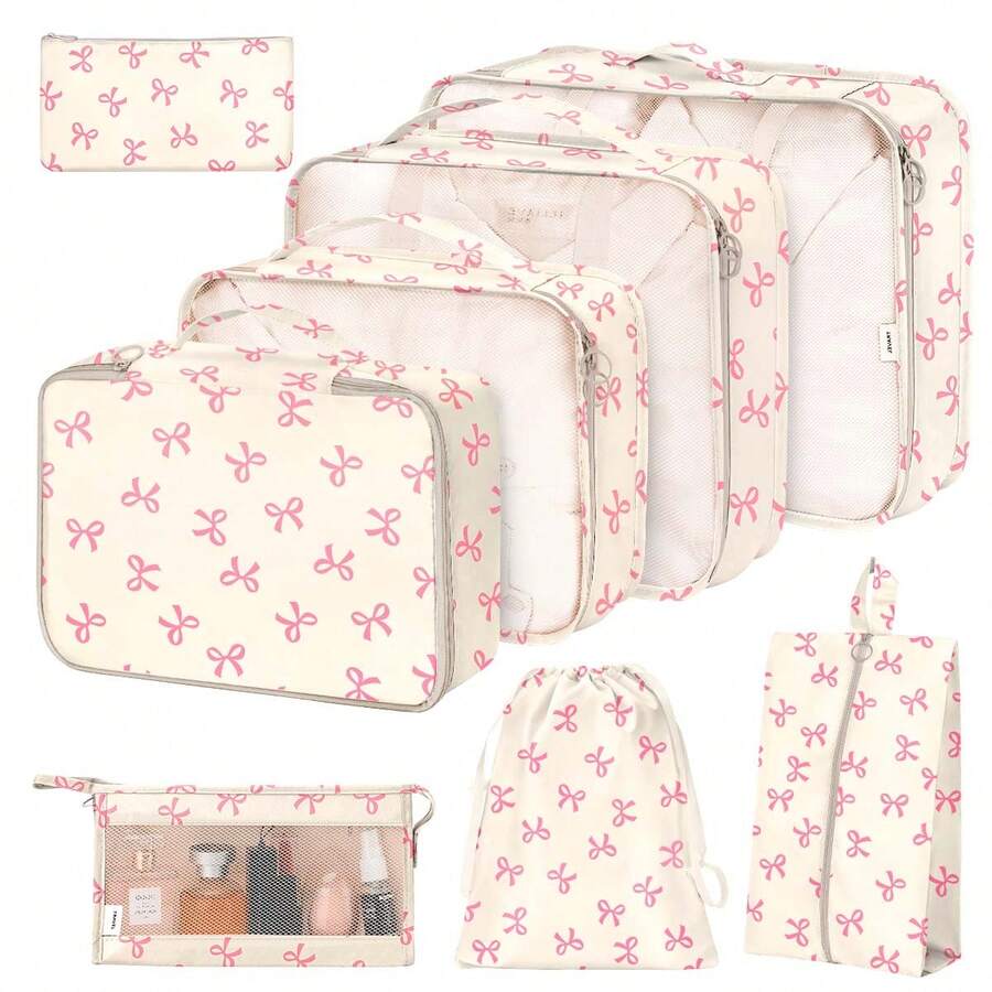 8pcs Travel Packing Cubes Set,Travel Portable Clothes Storage Bags, Compression Storage Shoe Bag, Clothing Underwear Bag, Luggage Packing Organizers,Pack Your Luggage With Ease ,Travel Essential Accessories - 米底蝴蝶結 - 查看 1
