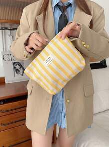 1 bolsa de maquillaje vertical de rayas frescas, bolsa de maquillaje minimalista de gran capacidad para llevar en la mano, bolsa de lona con cremallera y letras, bolsa de almacenamiento de maquillaje portátil, adecuada para viajes y uso diario
