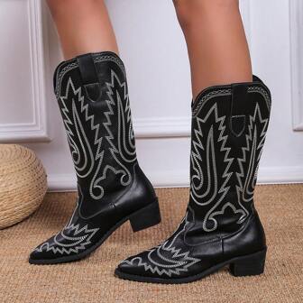 Botas vaqueras de punta fina con bordados de uso casual y diario para mujer