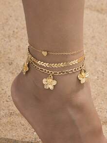 3pcs/Set Summer Beach Gold Wheat Chain Flower Heart Pendant Anklet, Elegant Jewelry Suitable For Vacation Travel - Yellow Gold - View 1