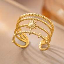 1 Set (3pcs) Stainless Steel Adjustable Gold Open Rings With Black/White Stars & Crescent Moon Designs