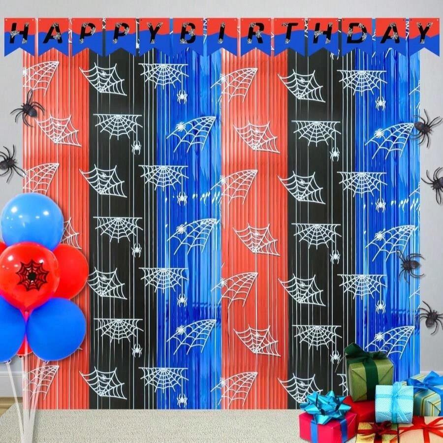 Spider Web Birthday Decorations 3 Pack - Spider Party Supplies 3.3x6.6ft With Pre-Strung Banner - Tinsel Foil Fringe Curtain Backdrop, Spidey Birthday Decorations With Red Blue Black Streamers For Boy - Mạng nhện - Xem 1