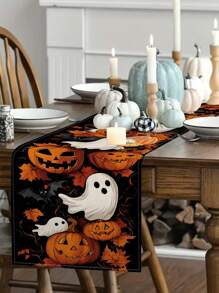 1 pieza/10 piezas Camino de mesa con estampado de calabazas y fantasmas, Banderas de mesa de Halloween, Decoración estacional de cosecha de otoño, Estilo granja, Tela con aspecto de lino, 33*91cm/33*183cm/33*274cm, Decoración de fiesta interior/exterior, Decoración con tema de calabaza, Decoración de habitación. Adecuado para la decoración de la cocina del hogar y la decoración de eventos.