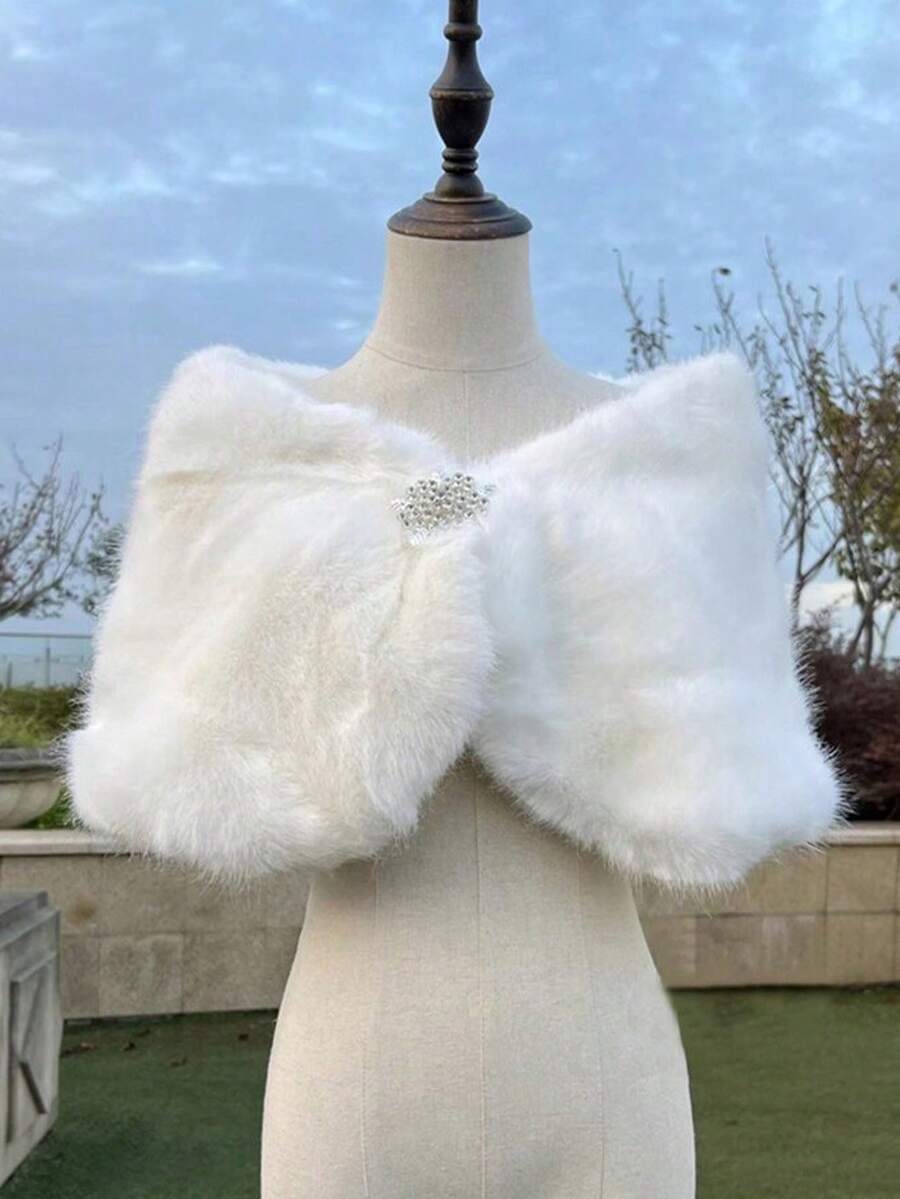 1 件女士短款白色复古披肩，带仿水钻装饰，温暖，适合派对、婚礼和冬季活动，温暖毛绒披肩，女士秋季服装 - 白色 - 查看 1