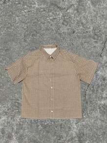 男士格纹短袖单排扣休闲衬衫，夏季 - 咖啡棕 - 查看 3