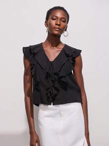 Women's Solid Color Lace-Up Layer Decor Sleeveless V-Neck Shirt - Black - View 3