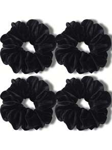 4pcs Women Velvet Scrunchies, High Elasticity, Soft And Thick, Large Size, Black, Hair Bobbles, Casual, Washing Face, Hair Accessories ,Hair Ties
