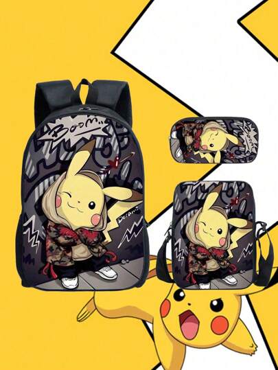 3D-bedruckter Pokémon-Pikachu 3-teiliges Set aus Rucksack, Federtasche und Umhängetasche aus Polyester, bequem und rückenschonend, für Schüler und Kinder, Schulmaterial, Schulstart