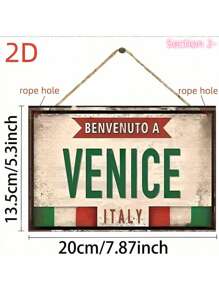 1 pièce Panneau mural style vintage en bois - "Bienvenue à Venise", 13,5 x 20 cm, fond blanc vieilli avec rayures vertes, rouges et aux couleurs du drapeau italien. Convient pour la décoration de style ferme, restaurant, bar, café, style Renaissance. Peinture plate parfaite pour la décoration de la pièce