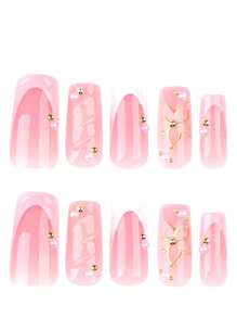 24pcs French White Fake Nails French Pink Nails Press On 3D Floral Press On Nails Long Medium Press On Nails Square Shape Nails Art Manicure Set Includes 1sheet Adhesive Tabs & 1pc Mini File Perfect For Everyday Wvear