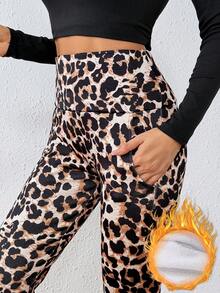 超厚仿羊羔绒豹纹打底裤，女式冬季高腰保暖内衬口袋裤 - 彩色 - 查看 3