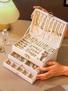 1 pieza Joyero de tres capas de gran capacidad, joyero multifunción de piel sintética (PU), joyero de tres capas con cerradura, joyero portátil, caja de almacenamiento para anillos, aretes y collares, caja de almacenamiento de joyería para tocador con cajón
