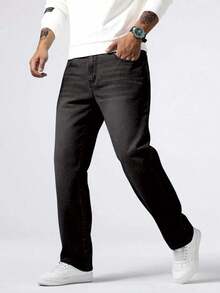 1pc Men's Regular Fit Casual Black Straight Leg Jeans, Comfortable Street Style Suitable For Urban Walking And Outdoor Activities - 黑色 - 查看 3