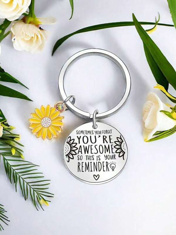 1pc/6pcs/12pcs/18pcs Inspirational Sunflower Keychain Gifts,Inspirational Sunflower You're Awesome Key Chain Gift Set,With Stainless Steel Key Chain,Green Leaf Thank You Card, White Organza Gift Bag,Sunflower Keyrings,Teacher Keyring