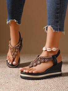 女式夏季罗马风格波西米亚复古简约休闲一脚蹬坡跟人字凉鞋，户外