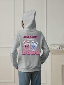 1件情人节休闲印花卫衣，适合青少年女孩，秋冬季加厚保暖内衬 - 色彩缤纷，适合喜欢奶茶的女孩 - 灰色 - 查看 2