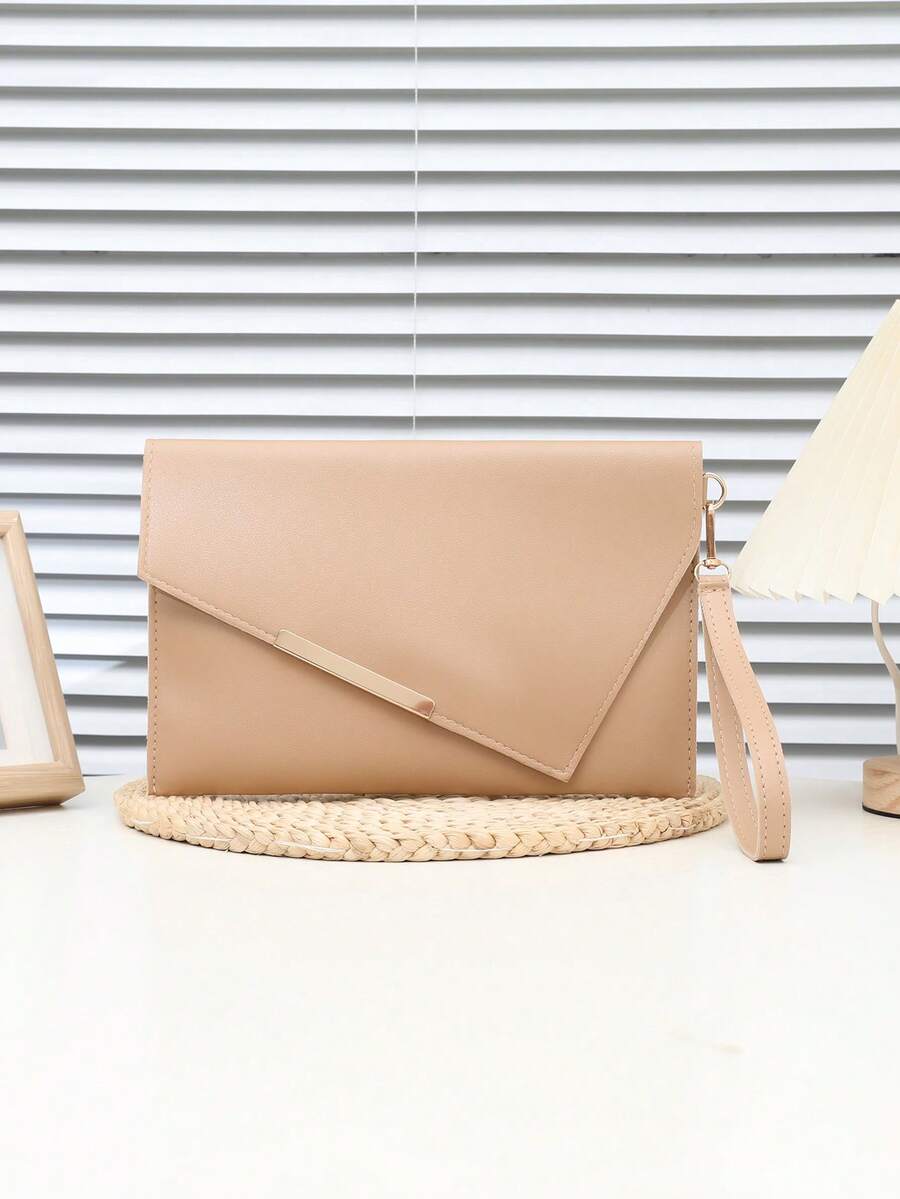 黑色信封包，纯色文件包，简约时尚百搭手拿包，PU材质女士手拿包，卡包，护照夹，商务通勤包 - 卡其色 - 查看 1