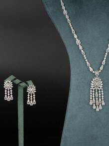 1 Set Luxurious & Elegant Cubic Zirconia Encrusted Pendant Jewelry Set, Including 1 Pair Earrings & 1 Necklace, Suitable For Women's Wedding Party Wear, Does Not Include Gift Box