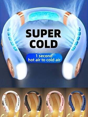 Ventilador de cuello portátil aire acondicionado de refrigeración para el cuello, ventilador de cuello recargable por USB, capacidad de batería grande de 1200mAh, 5 velocidades, pantalla LED + lámpara de ambiente, fuente de luz ajustable, ventilador sin aspas, apto para uso en verano en interiores, exteriores y viajes