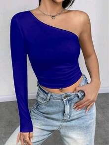 Women's Cropped Top T-Shirt Blouse With One-Shoulder Neckline Suplex Fabric Ideal For Going Out On Casual Romantic Elegant And Sophisticated Dates - 寶藍色 - 查看 4