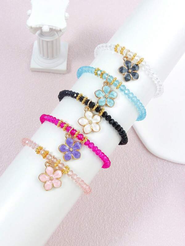 5pcs/Set Multicolor Alloy Peach Blossom Beaded Bracelet Jewelry Set, Suitable For Daily, Summer Holiday, Party Wear