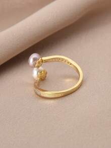 1pc 18K Gold Plated Natural Pearl & Zirconia Adjustable Open Ring For Women - Multicolor - View 4