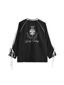 女士休闲撞色 V 领条纹 T 恤，蝴蝶结装饰宽松上衣，秋季 - 黑色 - 查看 5