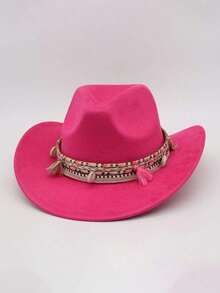 1pc Women's Western Cowboy Hat, Solid Color Trilby Hat, Suitable For Holiday Parties, Gatherings, Outings, Etc. - Tassel Colored Rope Hat - View 11