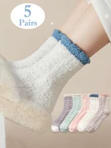 5 par damskich skarpetek termicznych w jednolitym kolorze, grubych, koralowych, pluszowych, do połowy łydki, poporodowych, jesienno-zimowych, pluszowych skarpetek domowych