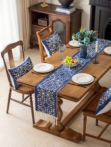 1 pieza Camino de mesa rústico bordado con flecos, de doble capa - Perfecto para decoración de comedor, decoración de otoño, decoración de sala - Azul Marino - Ver 10