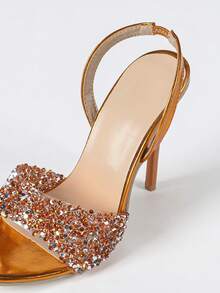 女士时尚优雅橙色水钻装饰踝带超高跟凉鞋，11.5 厘米性感迷人派对选美方头细高跟鞋