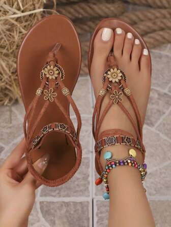 2025新款波西米亚凉鞋，罗马风格一脚蹬休闲凉鞋，棕色；纯色编织舒适沙滩凉鞋；推荐短而厚的鞋底凉鞋；夏季沙滩鞋；优雅扣环低跟圆头拖鞋；防臭防滑简约户外拖鞋；百搭平底女凉鞋