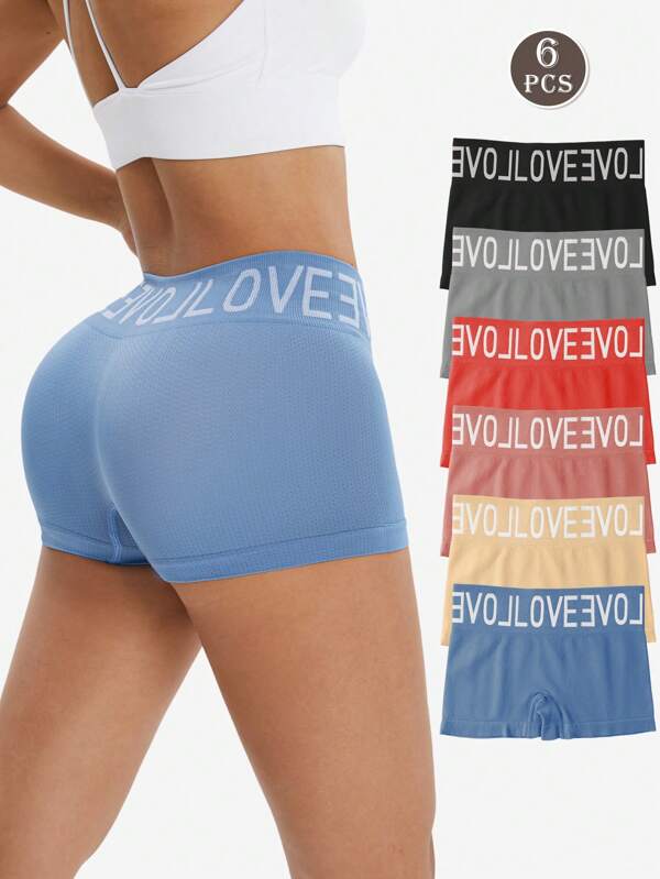 LianShengFa 6pcs Letter Waistband Seamless High-Waist Shaping Panties,High Stretch Breathable Mesh Fabric Women's Underwear, Comfy Soft Fit Ladies Briefs