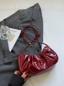 1 pieza Bolso de hombro de mujer de piel de PU brillante y de moda, diseño minimalista con pliegues en forma de media luna