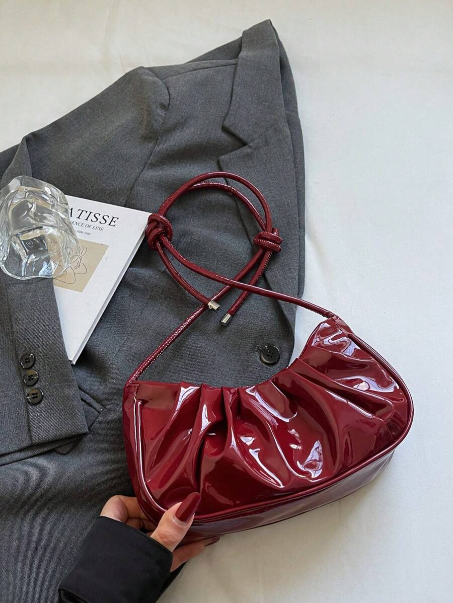 1 pieza Bolso de hombro de mujer de piel de PU brillante y de moda, diseño minimalista con pliegues en forma de media luna