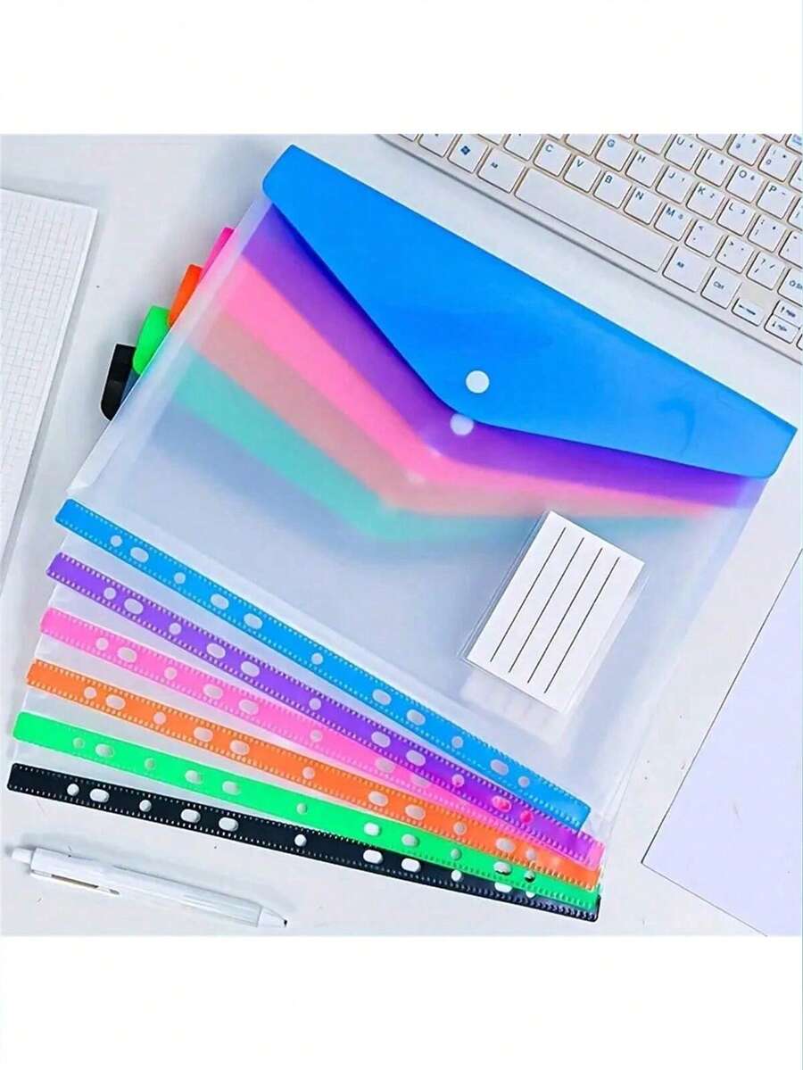 12个透明彩色文件夹，学生试卷收纳袋，带名片的防水文件袋，A4按扣文件袋，适用于学校用品，返校