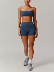 Conjunto de top tubo corto y pantalones cortos de cintura alta, de un solo color, conjunto casual cómodo y transpirable de dos piezas para yoga, gimnasio, correr, actividades al aire libre, deportivo, conjunto de ropa deportiva para mujeres y hombres jóvenes - [Rosa] - Ver 3