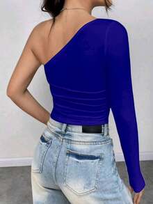 Women's Cropped Top T-Shirt Blouse With One-Shoulder Neckline Suplex Fabric Ideal For Going Out On Casual Romantic Elegant And Sophisticated Dates - 寶藍色 - 查看 2