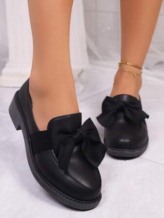 Mocassins à plateforme vintage noire à semelle épaisse pour femmes, automne/hiver, style britannique rétro avec nœud papillon